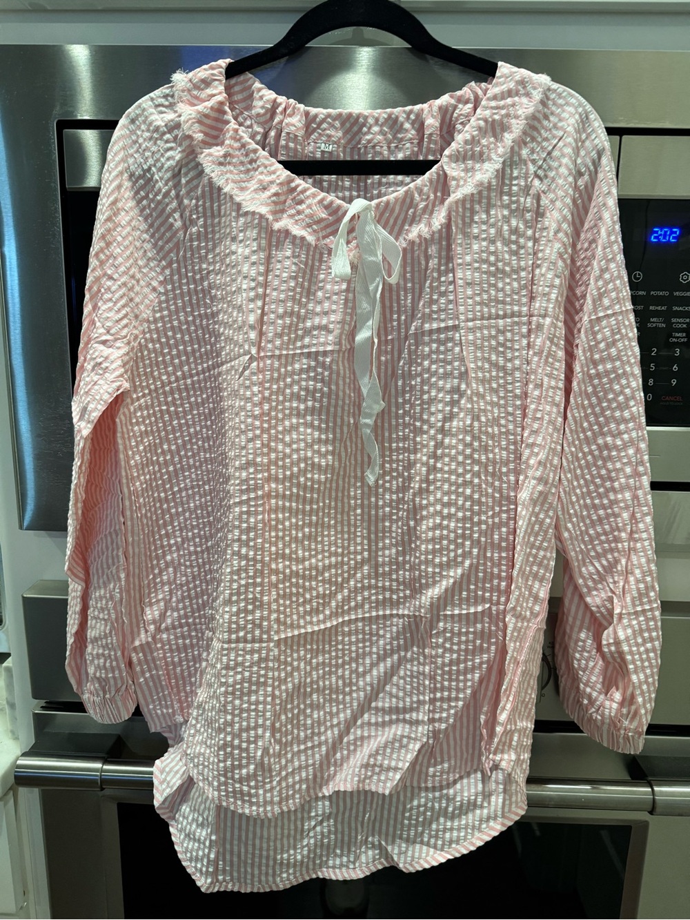 Light Pink Seersucker Peasant Tunic with Tie Neck